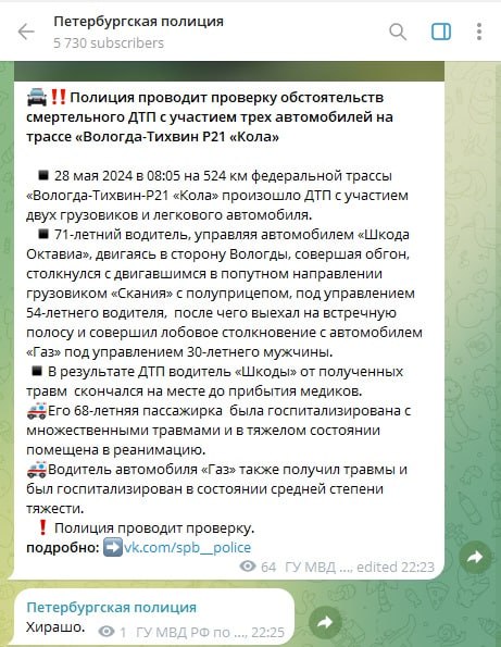 hirasho В полиции Петербурга отреагировали на пост об аварии с погибшими комментарием «хирашо»