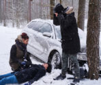 after car crush winter forest injured man is lying snow woman is trying help him another man is despair Смертельное ДТП произошло  с участием министра культуры Мордовии