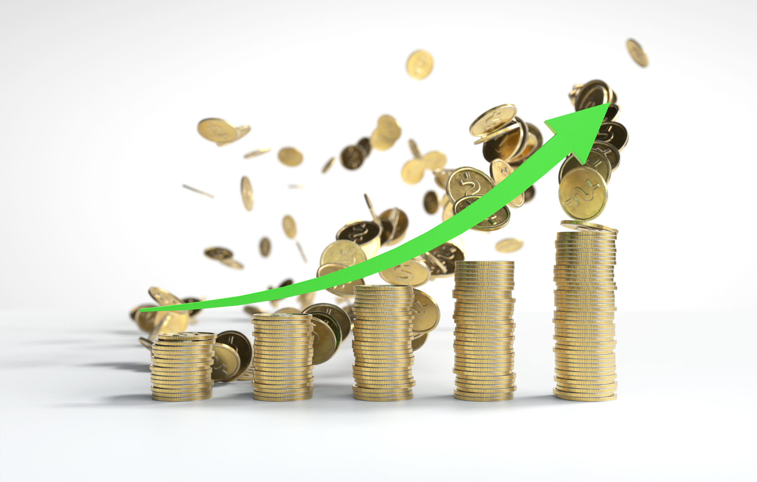 green arrow is going up stacks coins arranged bar graph scaled В Мордовии оказался самый низкий уровень инфляции в ПФО