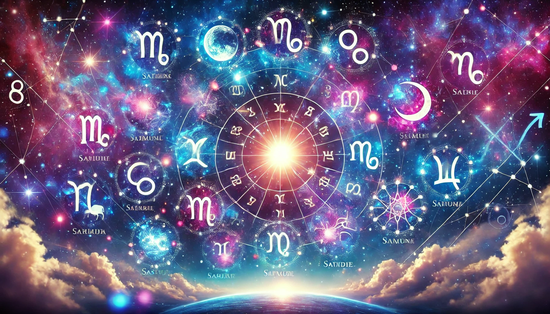 dall e 2025 03 29 21.47.16 a vibrant cosmic scene with all zodiac symbols floating in a starry sky. the background features a mystical blend of deep blues purples and pinks wi Гороскоп на понедельник, 31 марта: день значимых астрологических событий